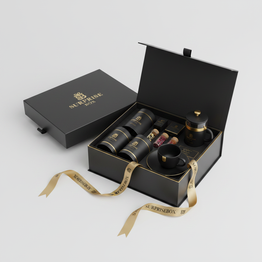 Specialty Tea and Coffee Set in Surprisebox gift box with branded ribbon