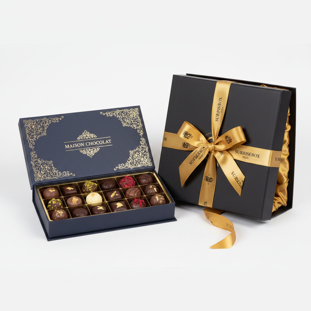 Artisan Chocolates and Truffles in Surprisebox gift box with branded ribbon