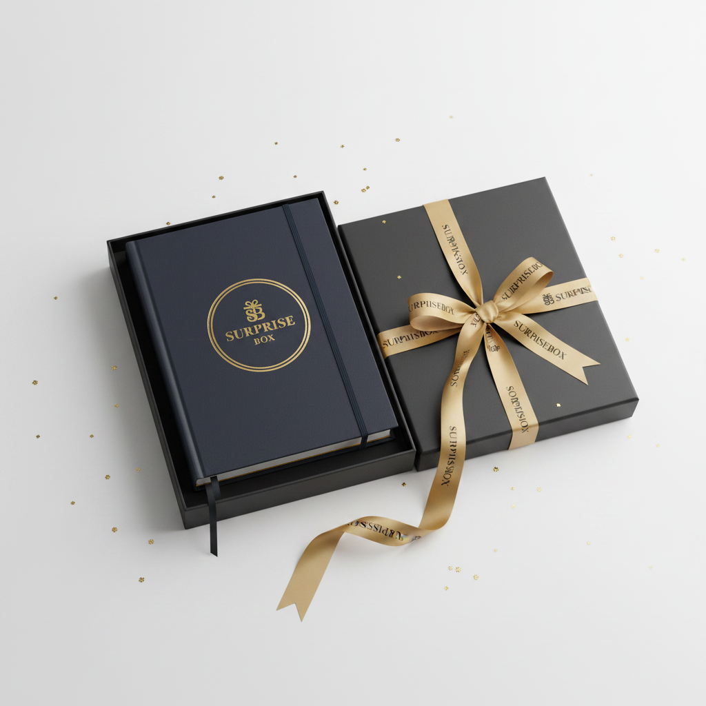 Premium Hardcover Journal in Surprisebox gift box with branded ribbon