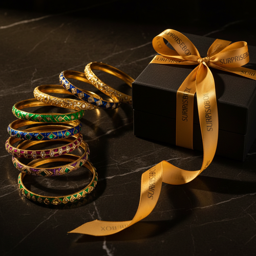 Luxury Bangle Set - bangles fanned out beside Surprisebox gift box