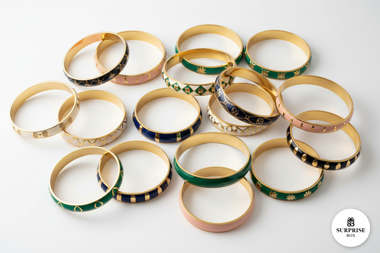 Full collection of gold enamel bangle bracelets flatlay