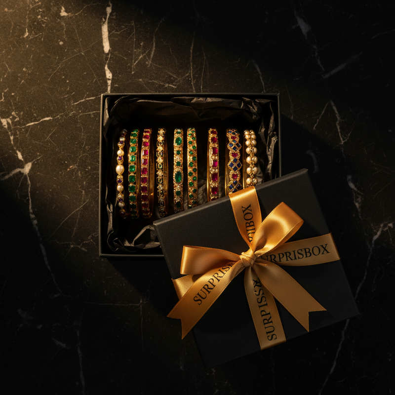 Luxury Bangle Set - open Surprisebox gift box with bangles inside