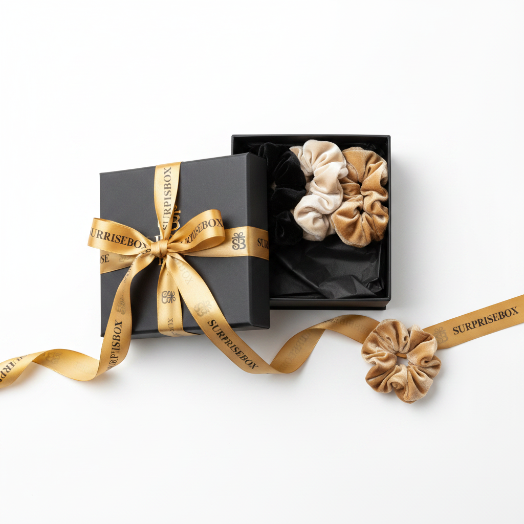Luxury Scrunchie Set in Surprisebox gift box with branded ribbon