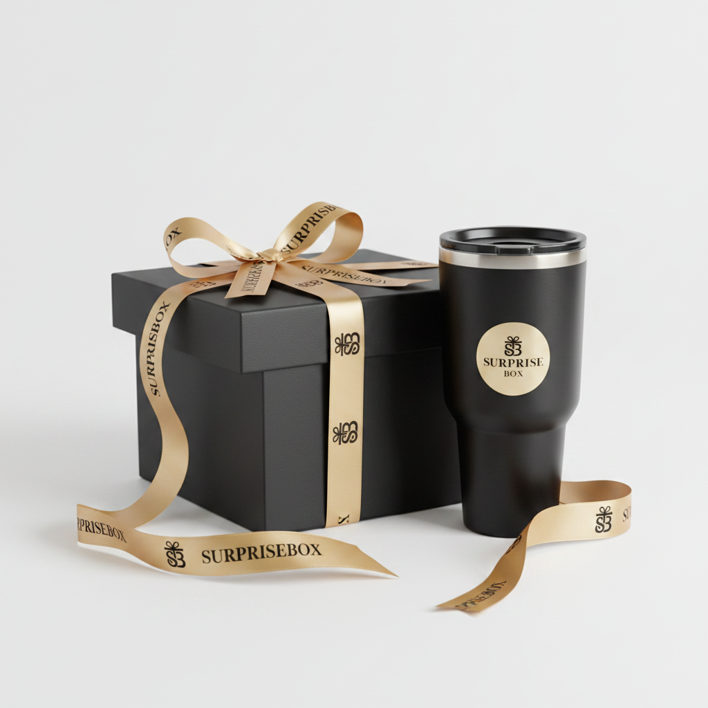 Premium Reusable Tumbler in Surprisebox gift box with branded ribbon