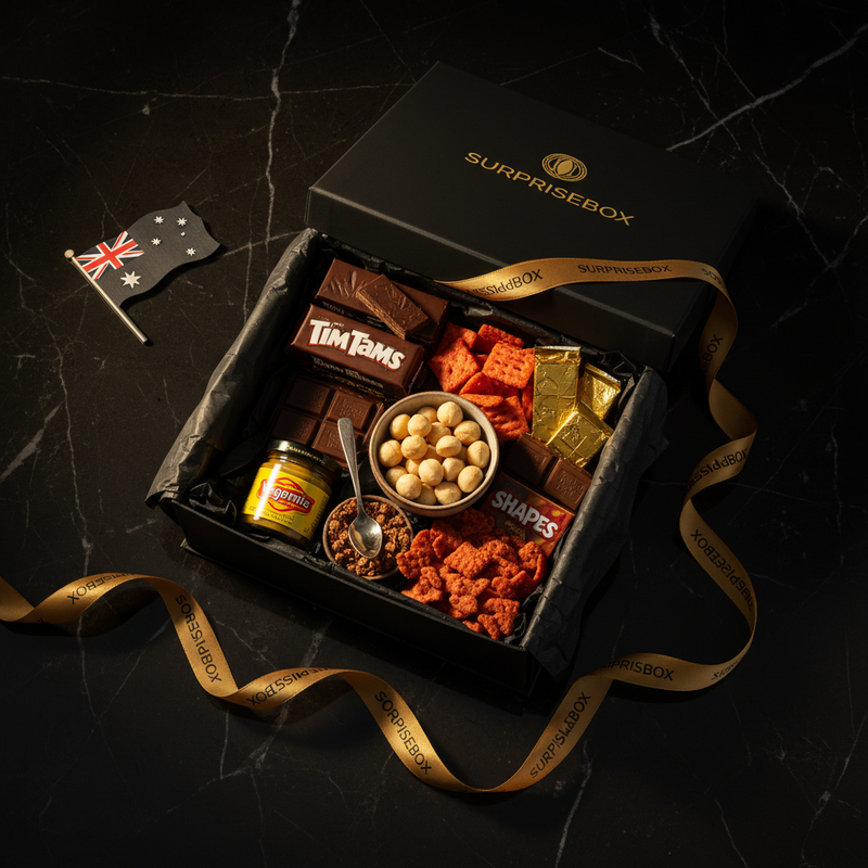 Australian Snack Pack - open Surprisebox gift box with premium Australian snacks