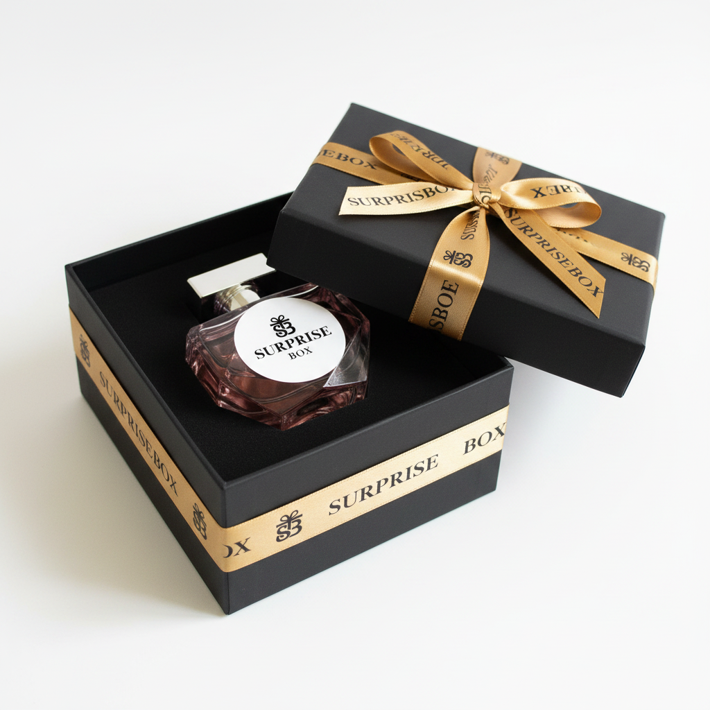 Surprisebox Women's Perfume in black gift box with branded gold ribbon