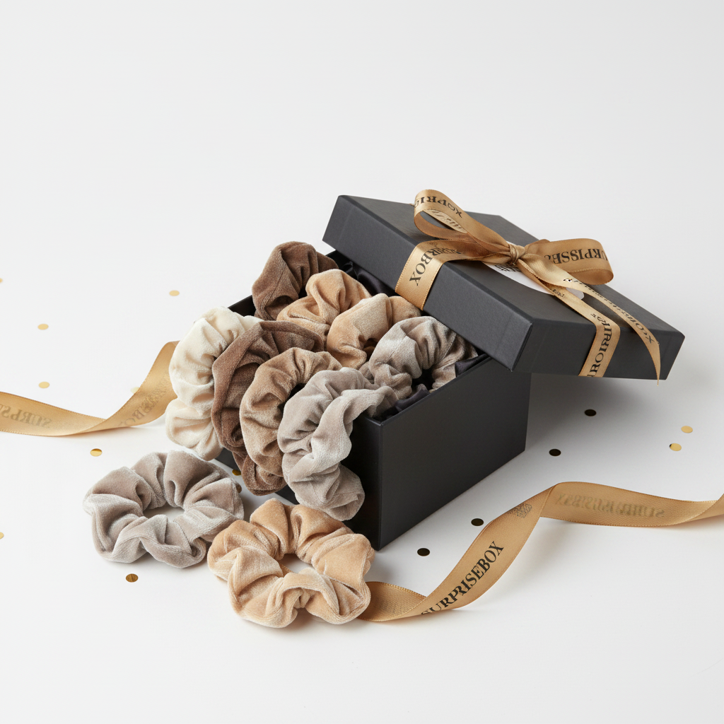 Luxury Scrunchie Set in Surprisebox gift box with branded ribbon