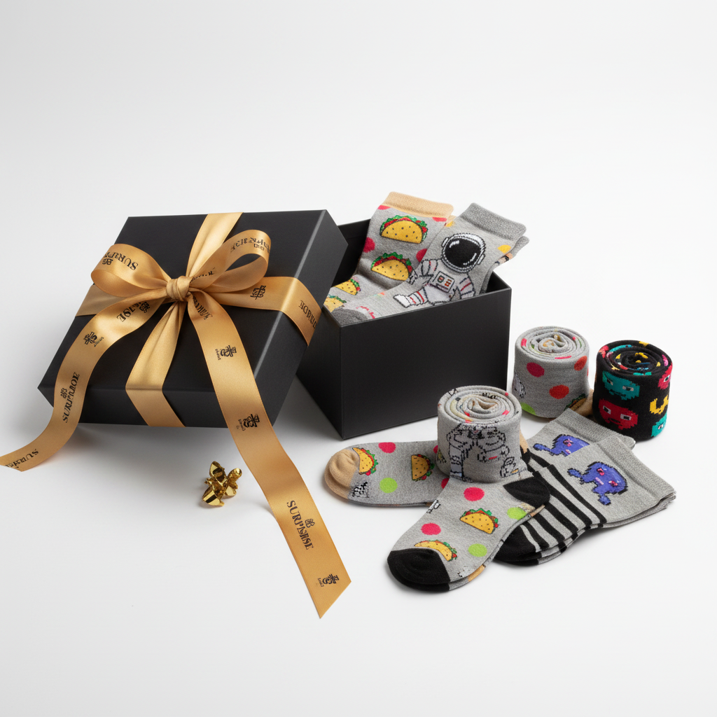 Fun Printed Socks in Surprisebox gift box with branded ribbon
