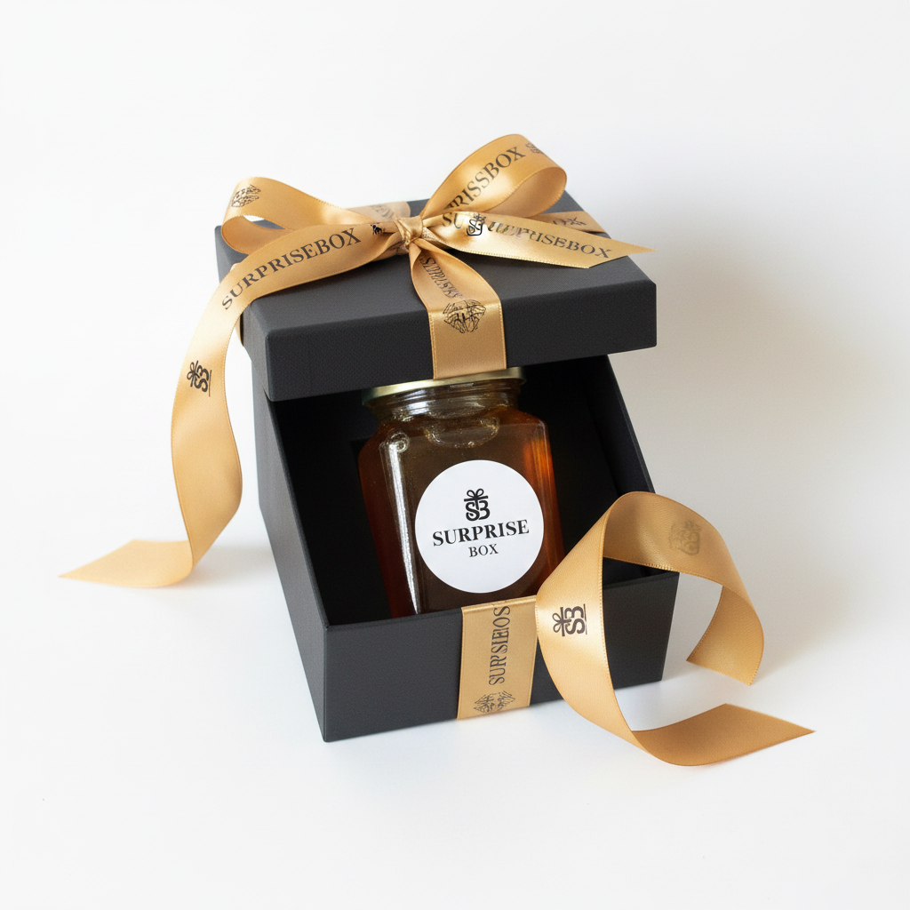 Surprisebox Artisan Honey in black gift box with branded gold ribbon